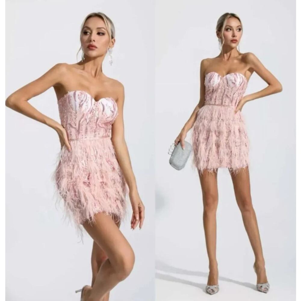 Strapless Pink Feather Mini Dress with Sweetheart Bodice